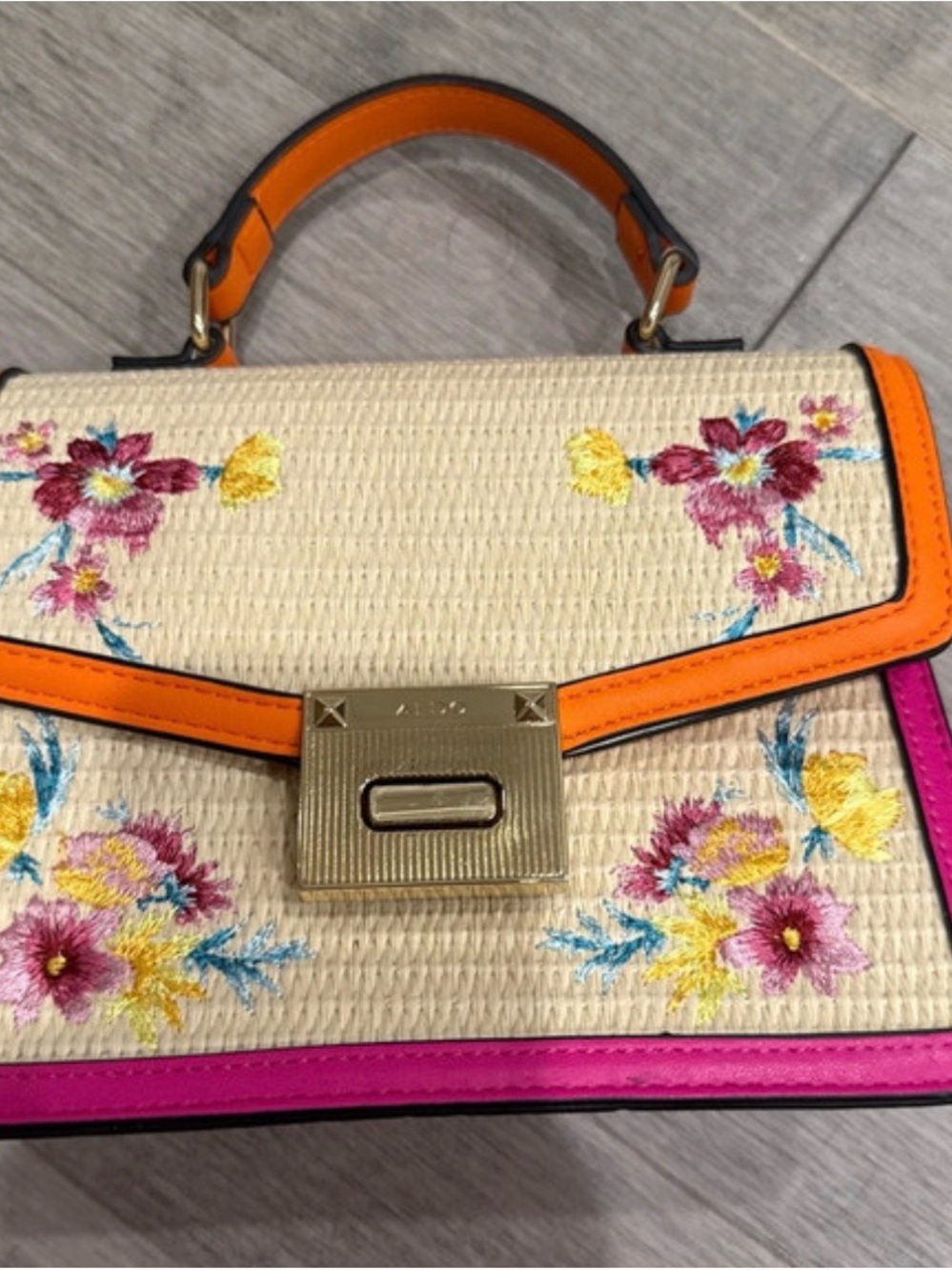 Aldo Floral Embroidered Top-Handle Bag in Cream, Orange & Pink